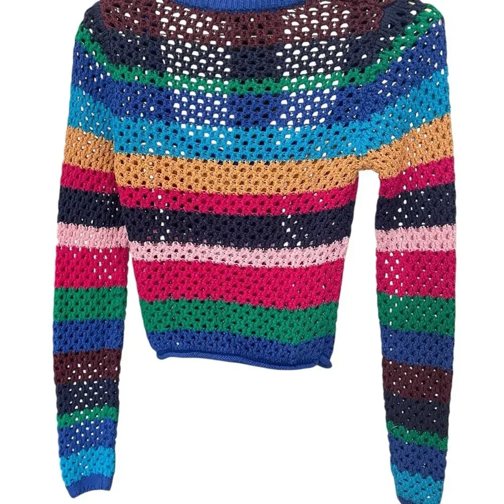 Zara Blue Green Colorblock Cropped Sweater Crew Neck Women’s S EUC - Picture 4 of 5